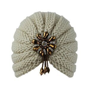 Beige Knit Beaded Turban Head Wrap